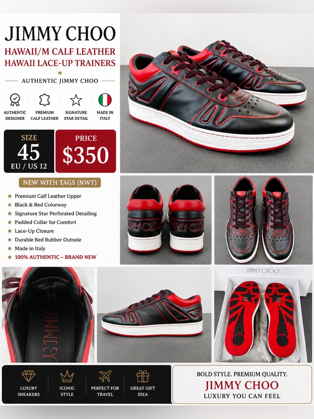 Jimmy Choo Black and Red Leather Lace-Up Sneakers